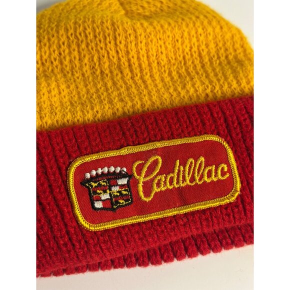 VTG Cadillac Beanie Knit Hat Red Yellow Embroidered Logo Patch Auto Cap Chevy - Picture 3 of 4
